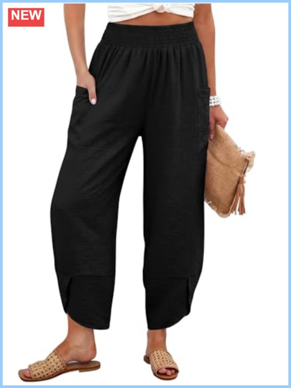 Angerella Palazzo Capri Pants High Waisted Elastic Smocked Wide Leg Summer